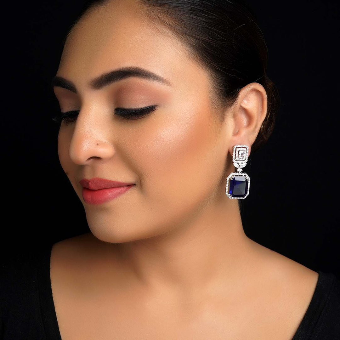Devki Blue Sapphire Stone American Diamond Earrings - qivii