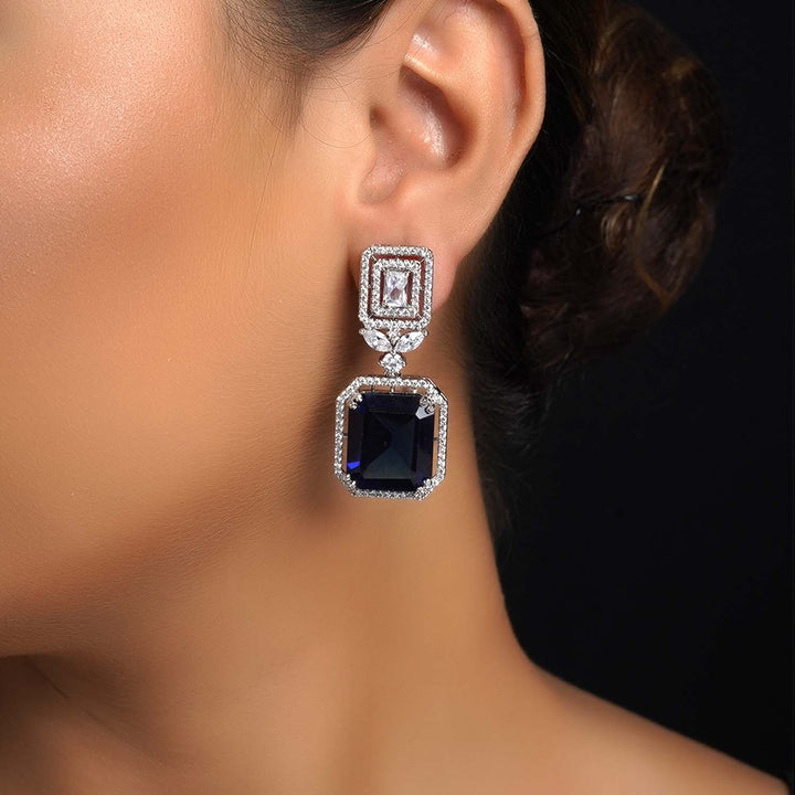 Devki Blue Sapphire Stone American Diamond Earrings - qivii