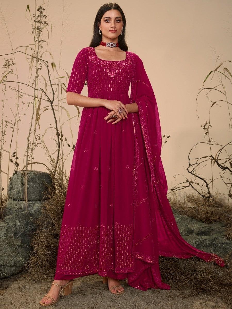 Stunning Deep Pink Color Georgette Palazzo Suit with Matching Dupatta and Sequin Embroidery
