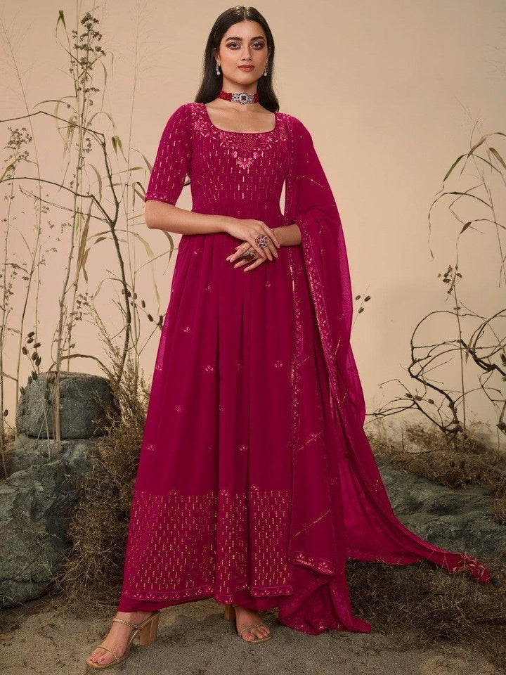 Stunning Deep Pink Color Georgette Palazzo Suit with Matching Dupatta and Sequin Embroidery
