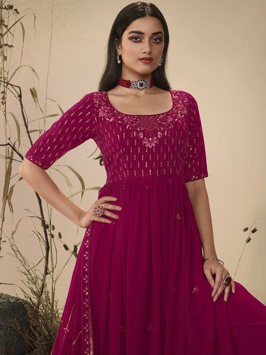 
Gorgeous Deep Pink Sequins Georgette Ready-Made Palazzo Suit with Thread Embroidery and Sequin Work