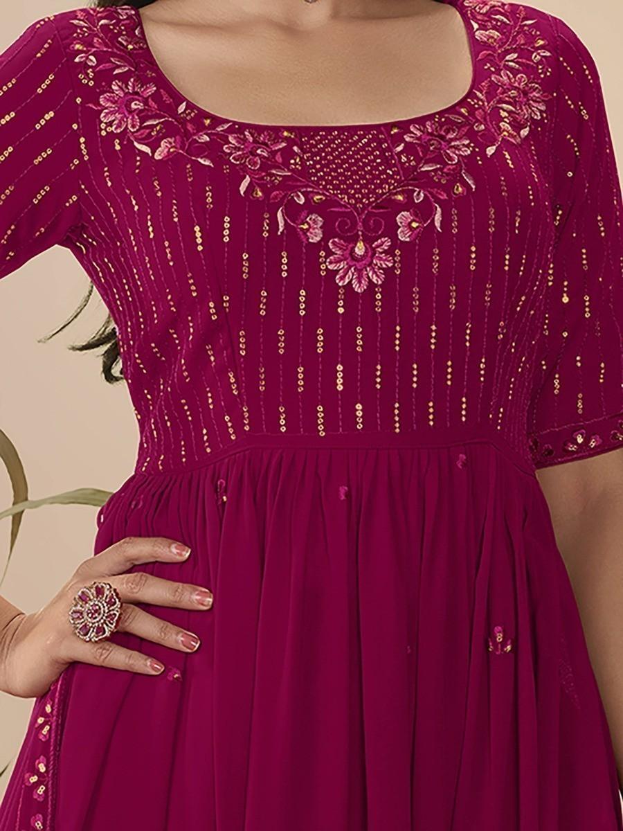 Beautiful Deep Pink Georgette Palazzo Suit with Sequins and Thread Embroidery