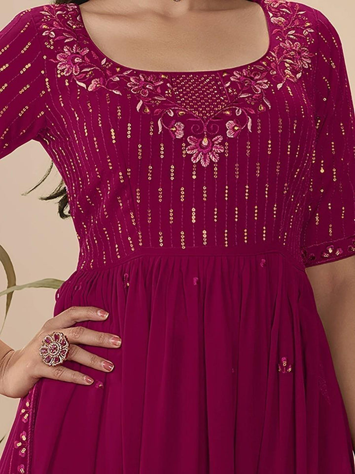 Beautiful Deep Pink Georgette Palazzo Suit with Sequins and Thread Embroidery