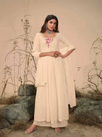 Beige Georgette Palazzo Salwar Suit With Thread Sequins Embroidery Work