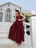 Maroon Georgette Palazzo Salwar Suit With Thread And Sequins Embroidered Work