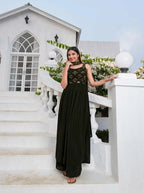 Olive green Georgette Palazzo Salwar Suit With Thread And Sequins Embroidered Work