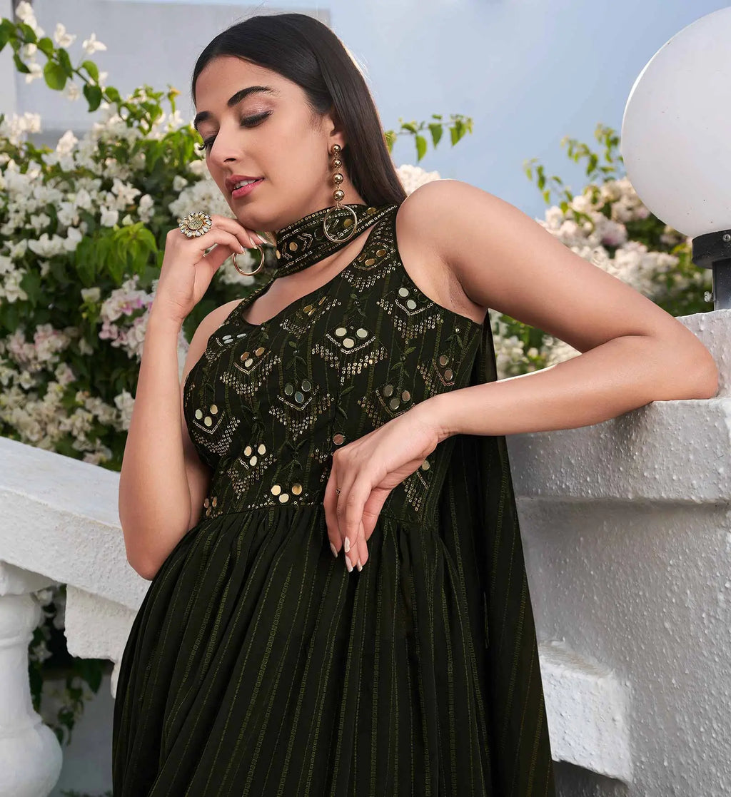 Olive green Georgette Palazzo Salwar Suit With Thread And Sequins Embroidered Work