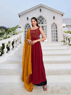 Red Georgette Palazzo Salwar Suit With Thread And Sequins Embroidered Work
