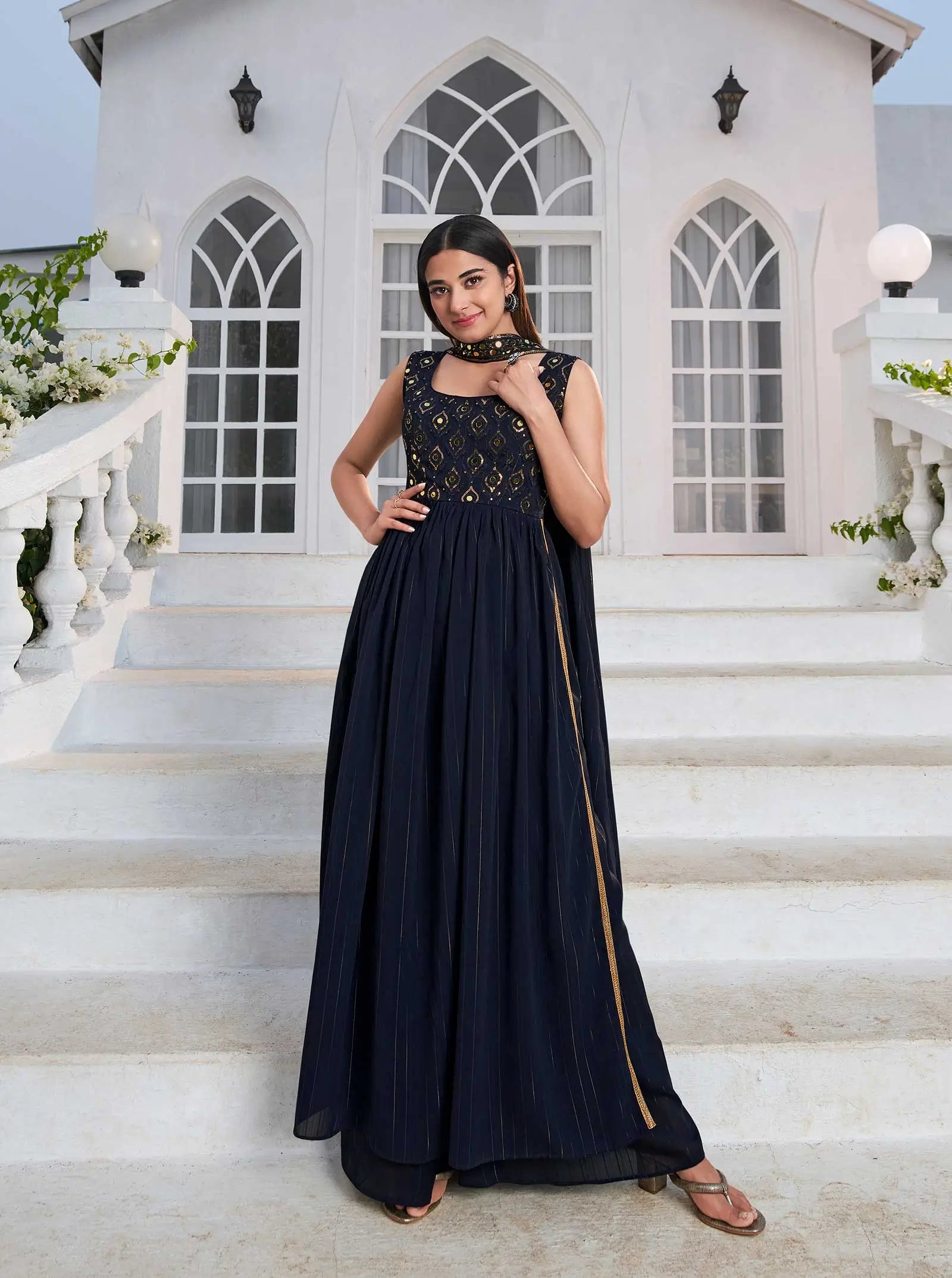 Blue Georgette Palazzo Salwar Suit With Thread And Sequins Embroidered Work