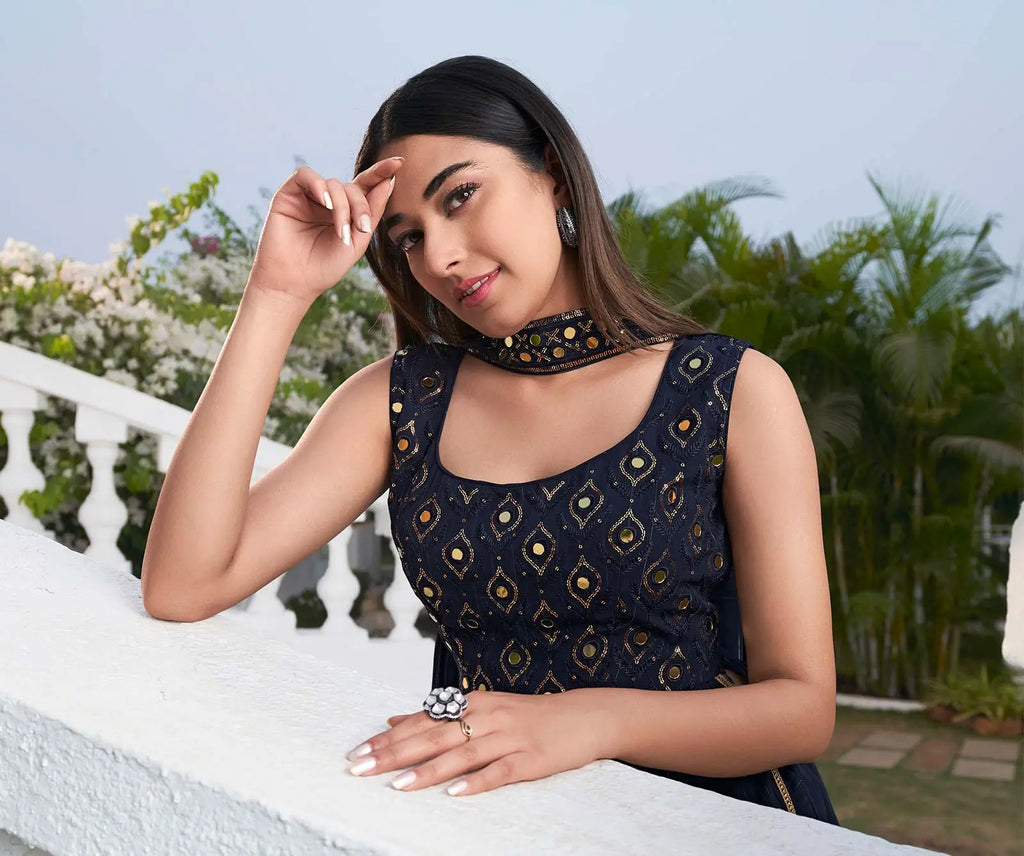 Blue Georgette Palazzo Salwar Suit With Thread And Sequins Embroidered Work