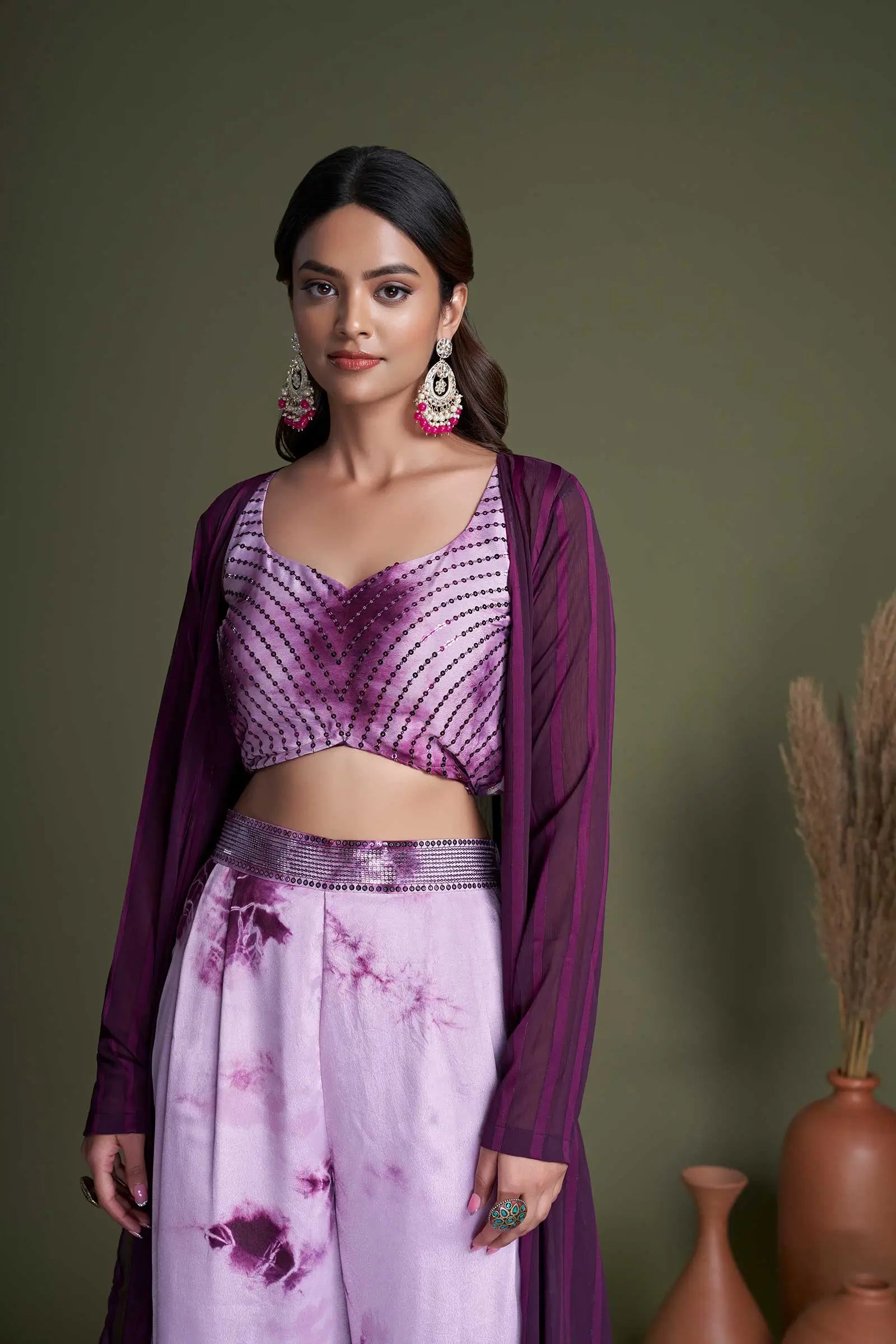 Purple Georgette Embroidery Work Co-ord Set