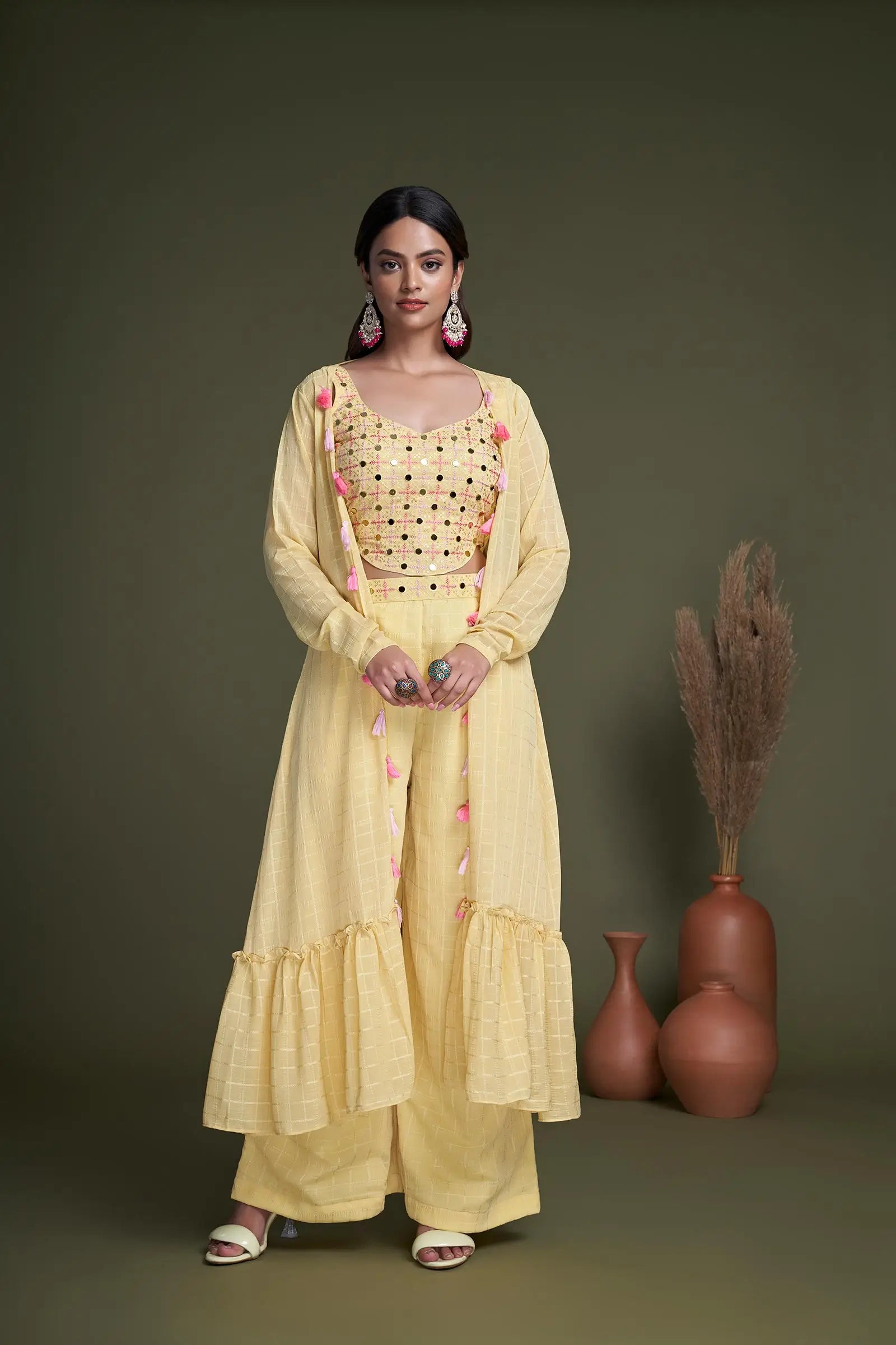 Yellow Weaving Georgette Embroidery Work Co-ord Set