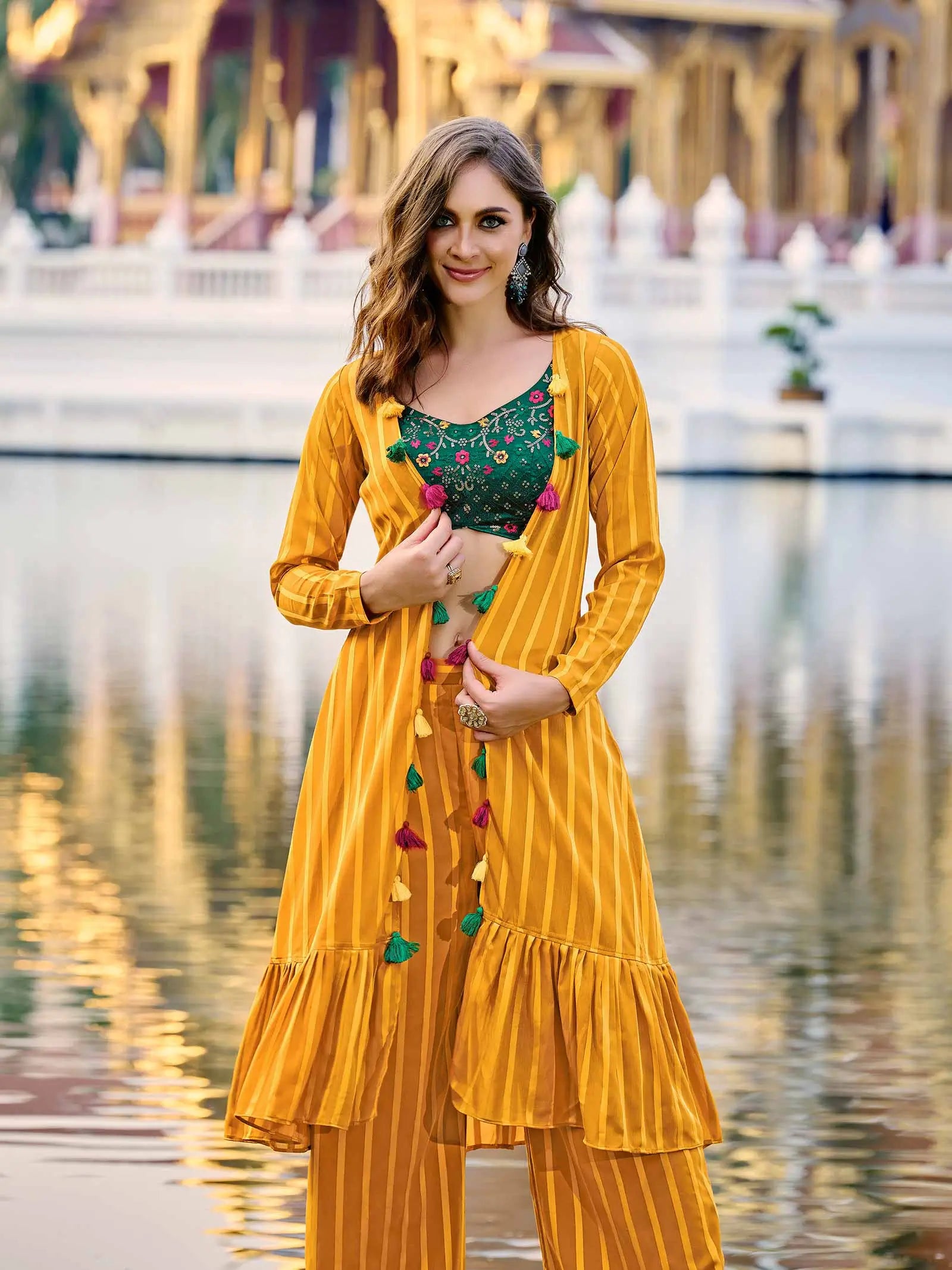 Green Yellow Georgette Embroidery Work Co-ord Set