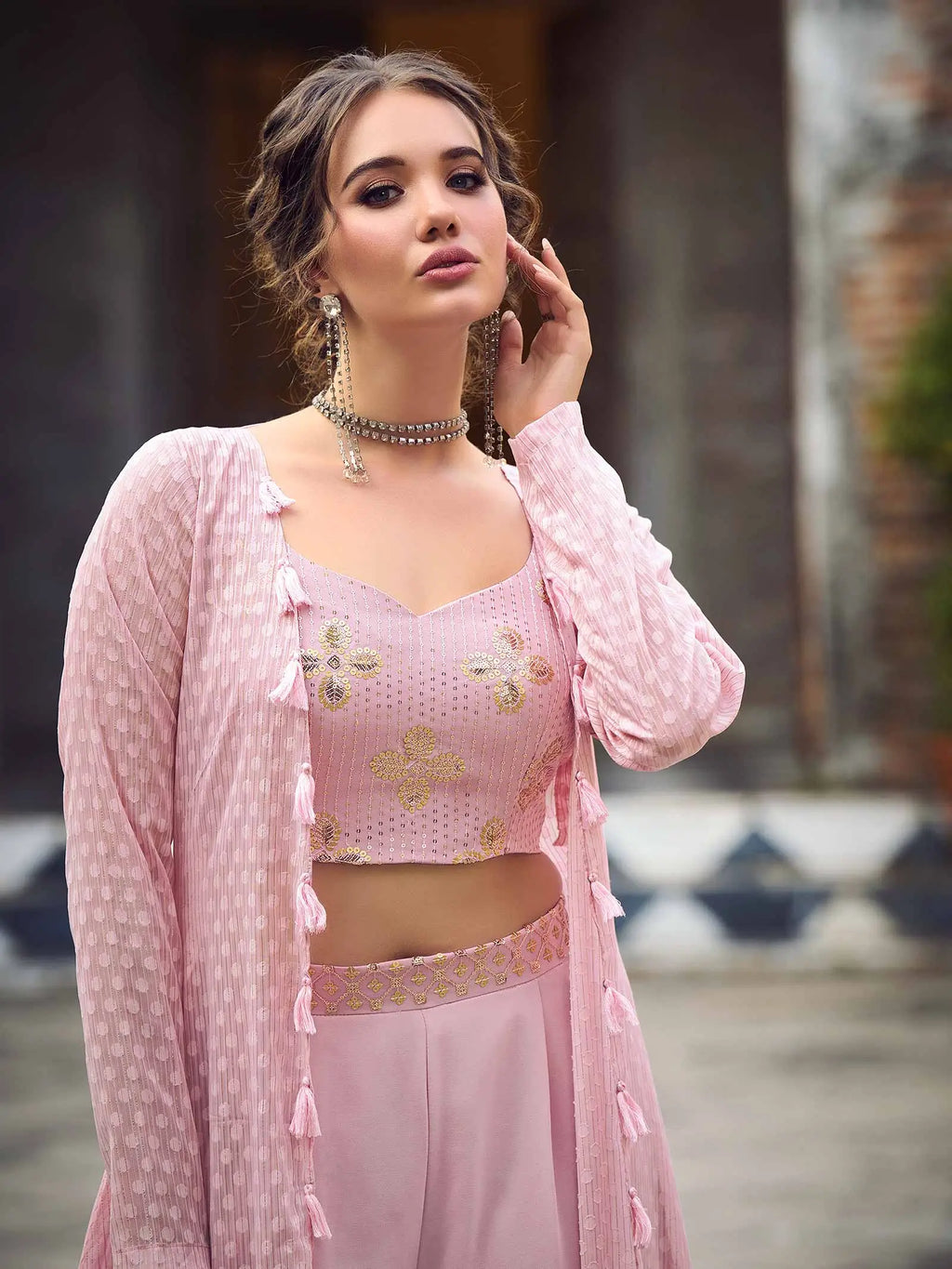 Dusty Pink Georgette Embroidery Work Co-ord Set
