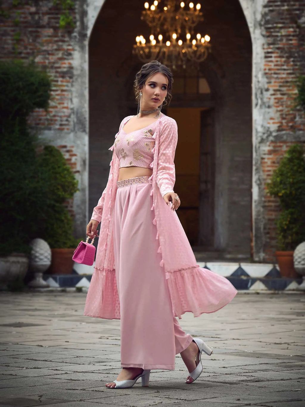 Dusty Pink Georgette Embroidery Work Co-ord Set