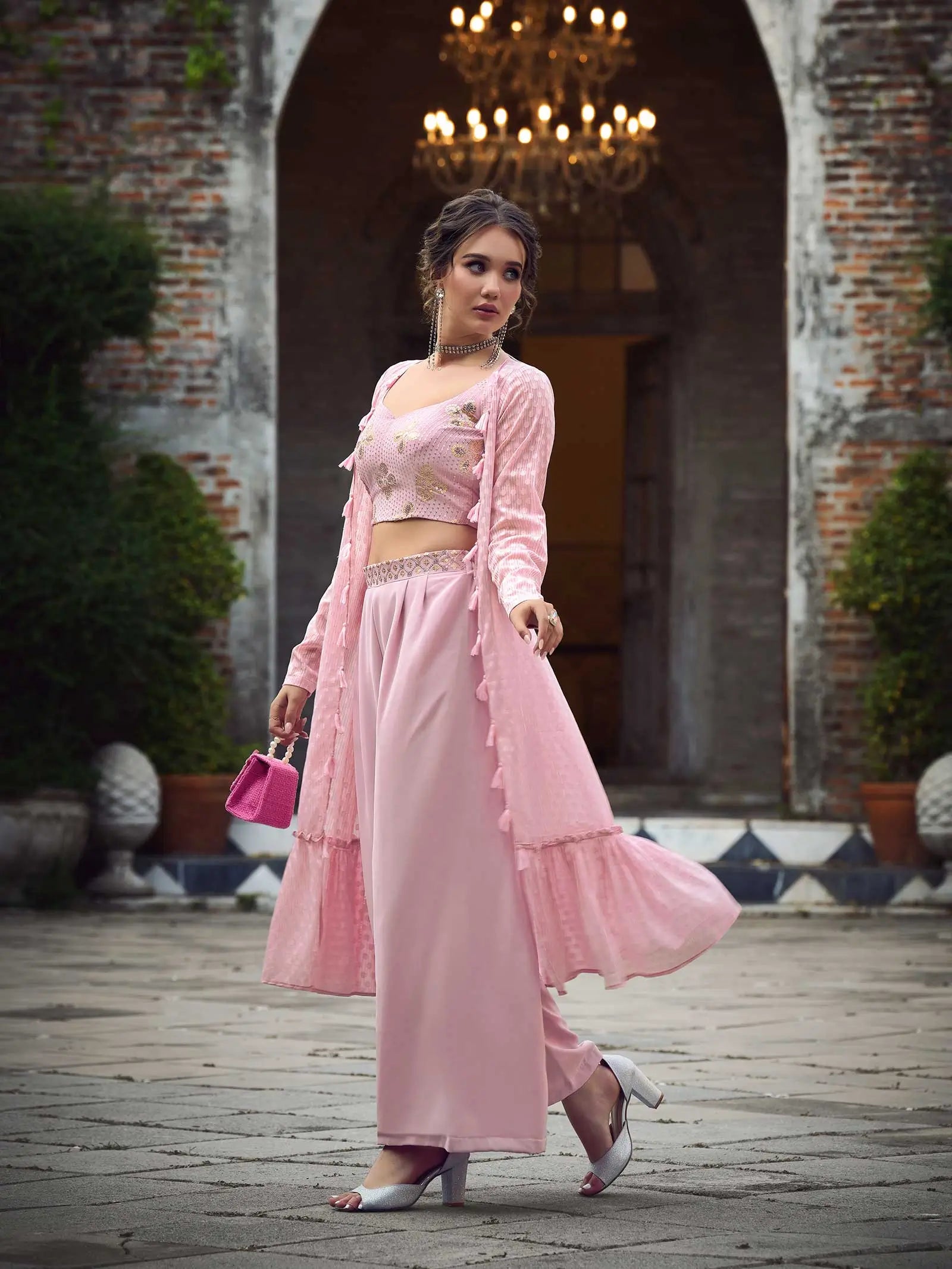 Dusty Pink Georgette Embroidery Work Co-ord Set