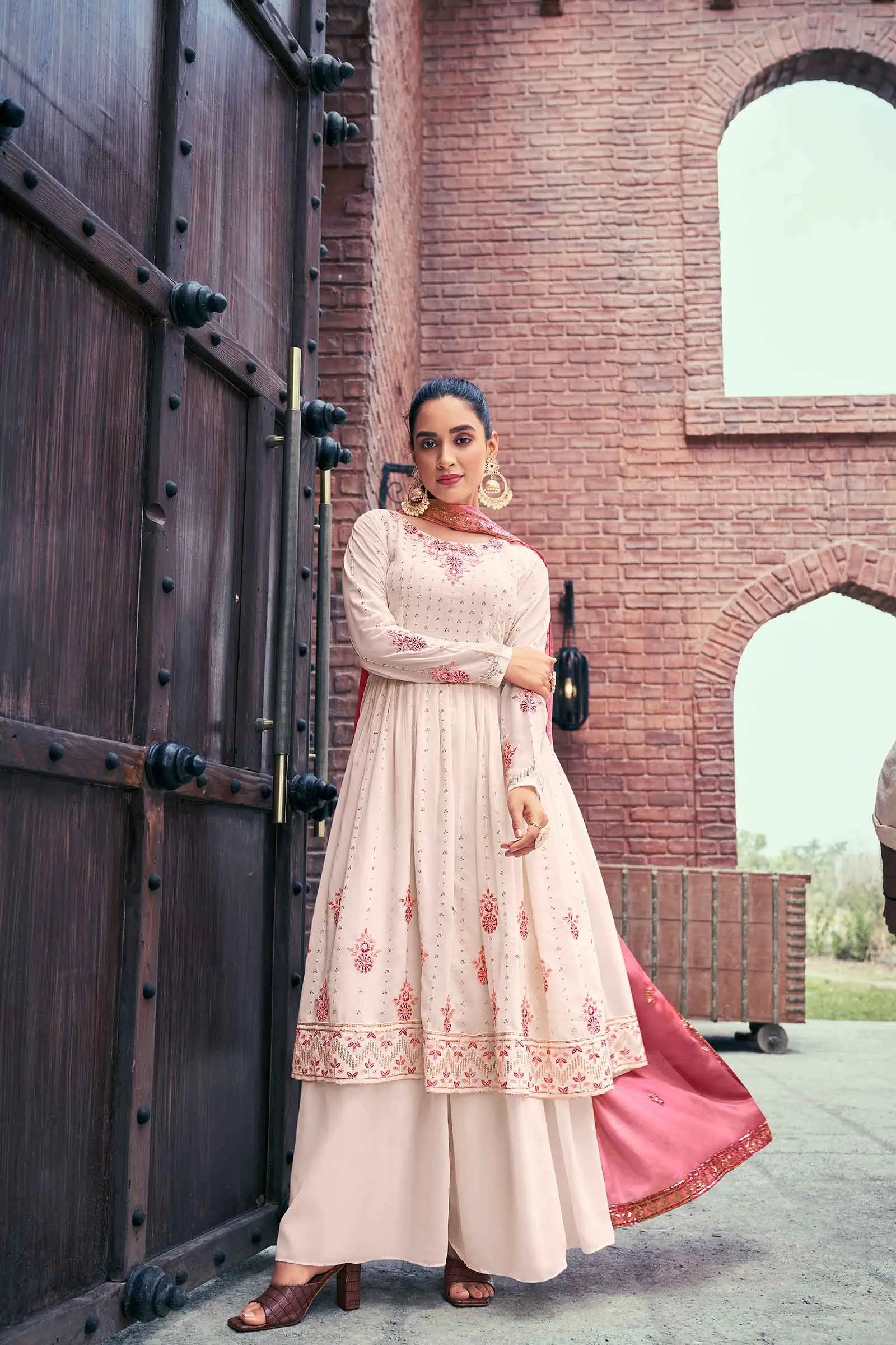 Chiku Pink  Georgette Palazzo Salwar Suit With Thread And Sequins Embroidered Work