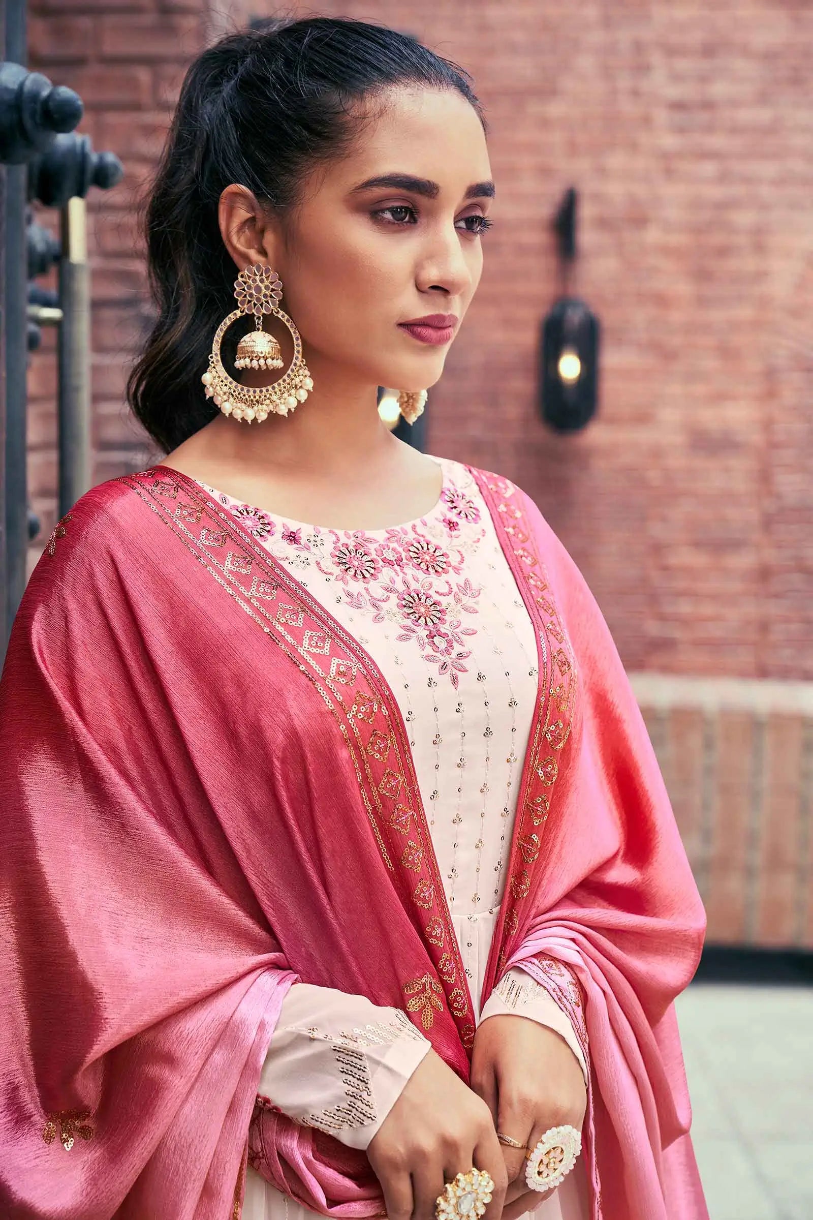 Chiku Pink  Georgette Palazzo Salwar Suit With Thread And Sequins Embroidered Work