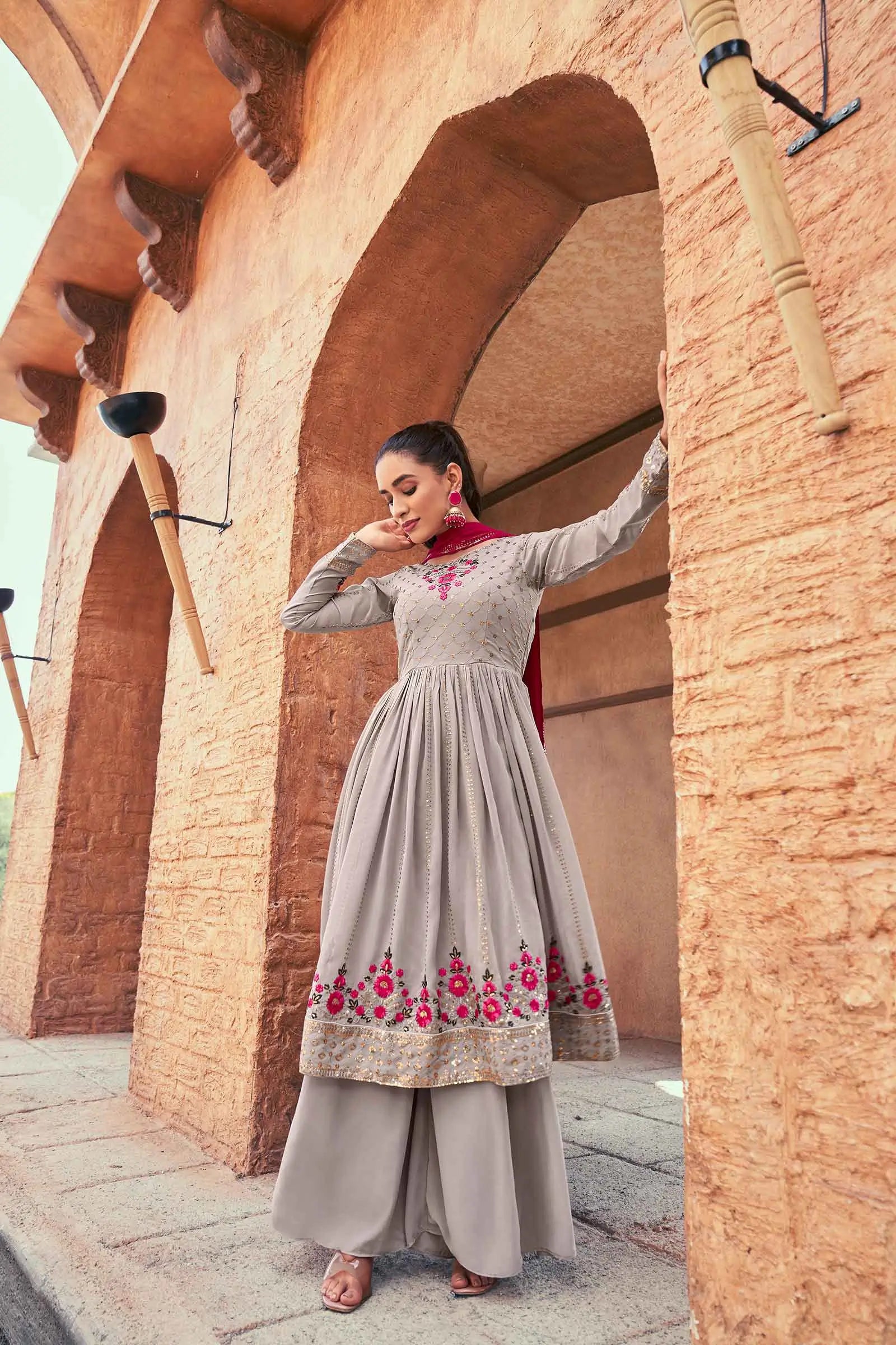 Grey Pink  Georgette Palazzo Salwar Suit With Thread And Sequins Embroidered Work