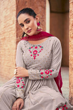 Grey Pink  Georgette Palazzo Salwar Suit With Thread And Sequins Embroidered Work