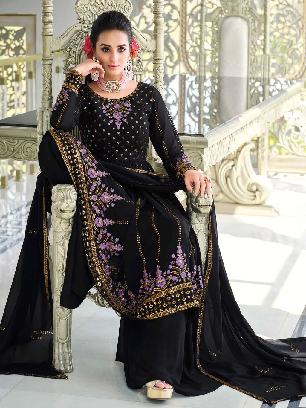 Dark Blue  Georgette Palazzo Salwar Suit With Thread And Sequins Embroidered Work