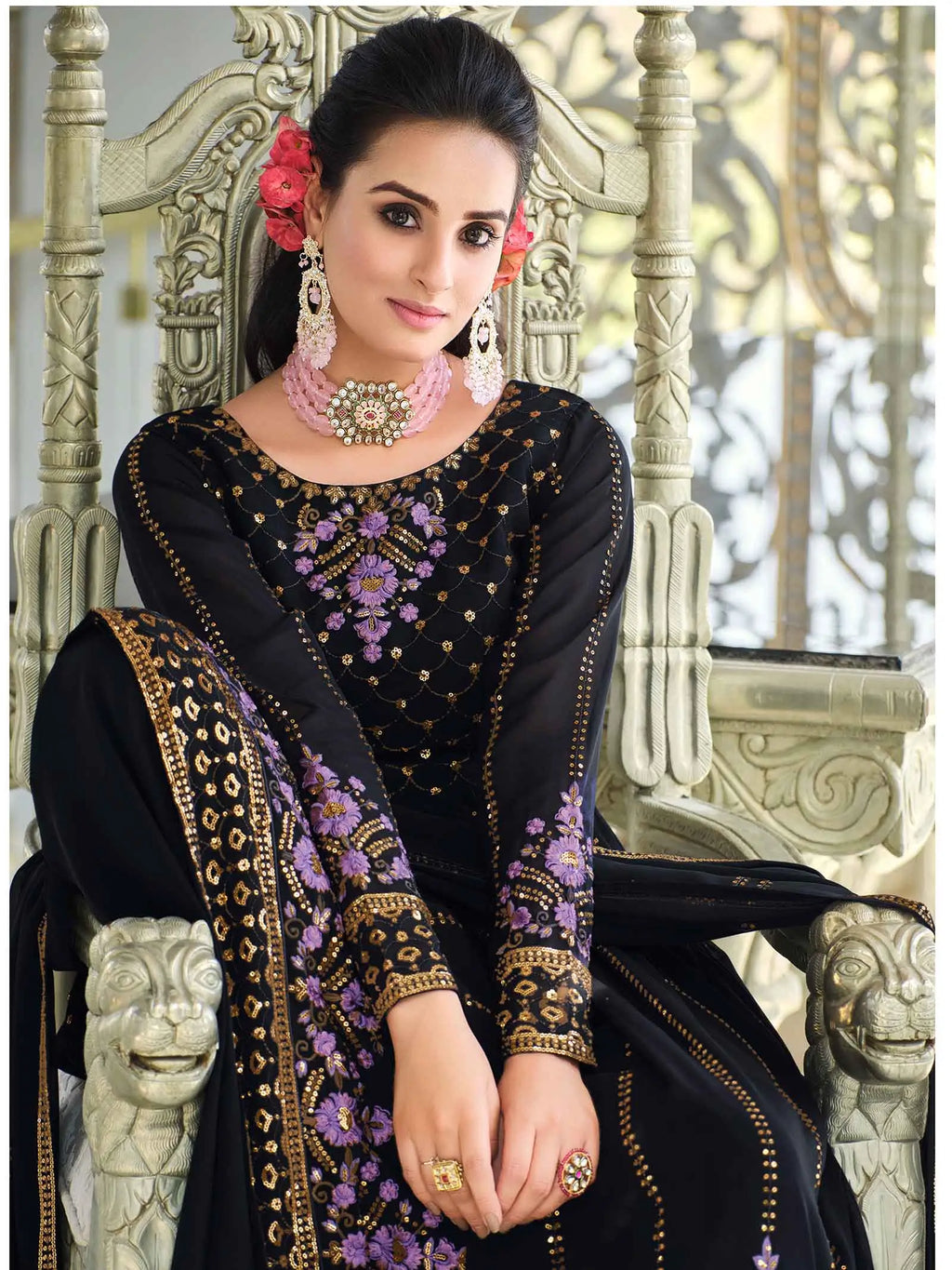 Dark Blue  Georgette Palazzo Salwar Suit With Thread And Sequins Embroidered Work