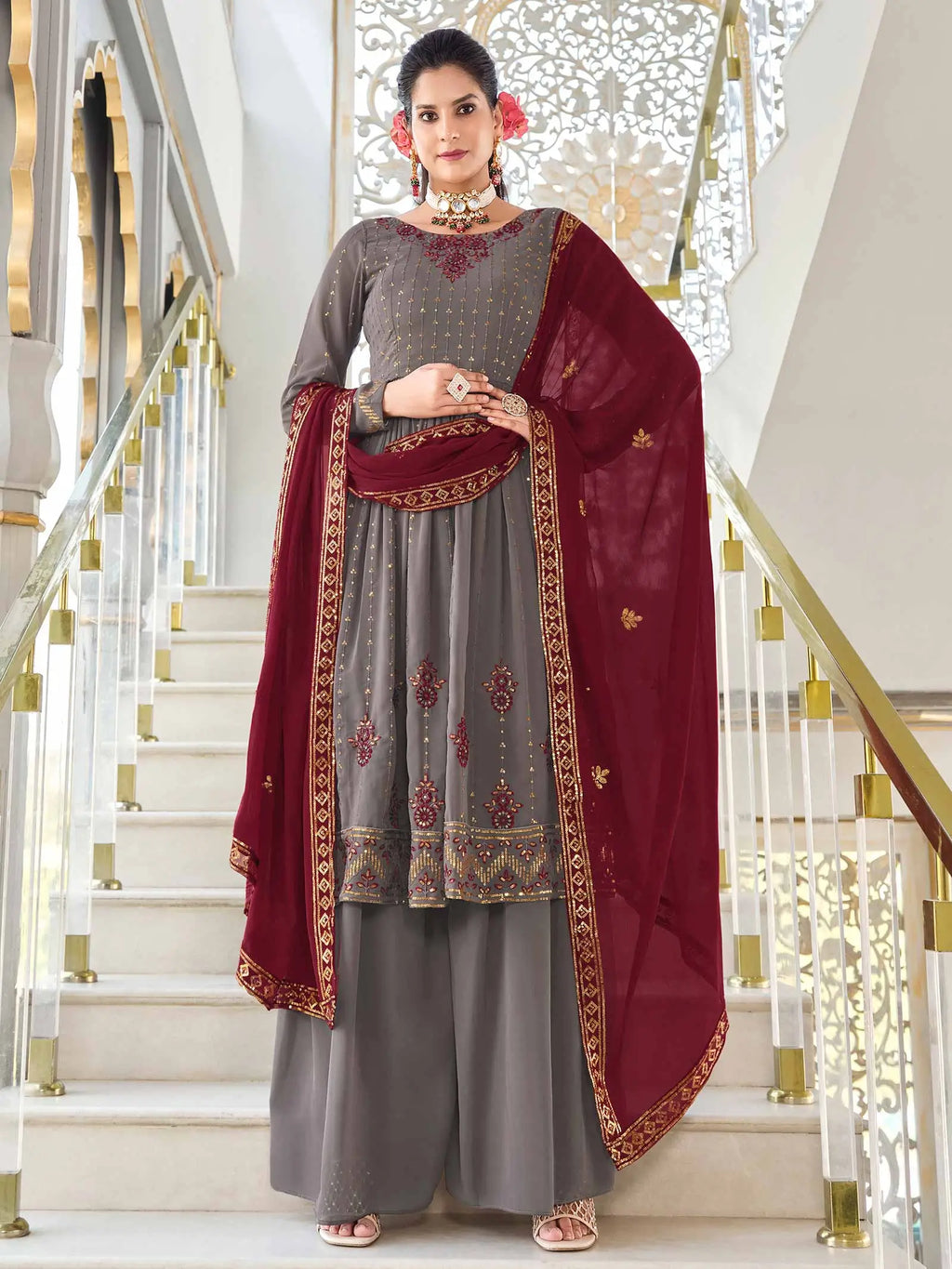 Grey  Georgette Palazzo Salwar Suit With Thread And Sequins Embroidered Work