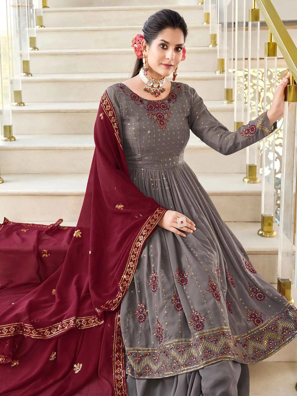 Grey  Georgette Palazzo Salwar Suit With Thread And Sequins Embroidered Work