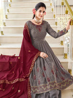 Grey  Georgette Palazzo Salwar Suit With Thread And Sequins Embroidered Work