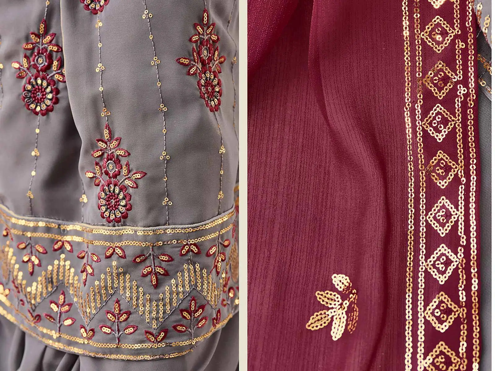 Grey  Georgette Palazzo Salwar Suit With Thread And Sequins Embroidered Work