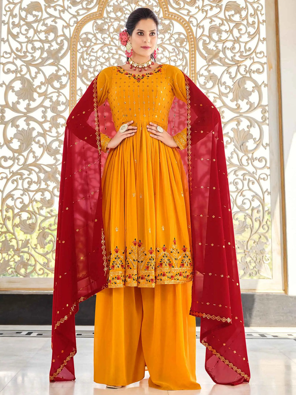 Mustard Yellow  Georgette Palazzo Salwar Suit With Thread And Sequins Embroidered Work