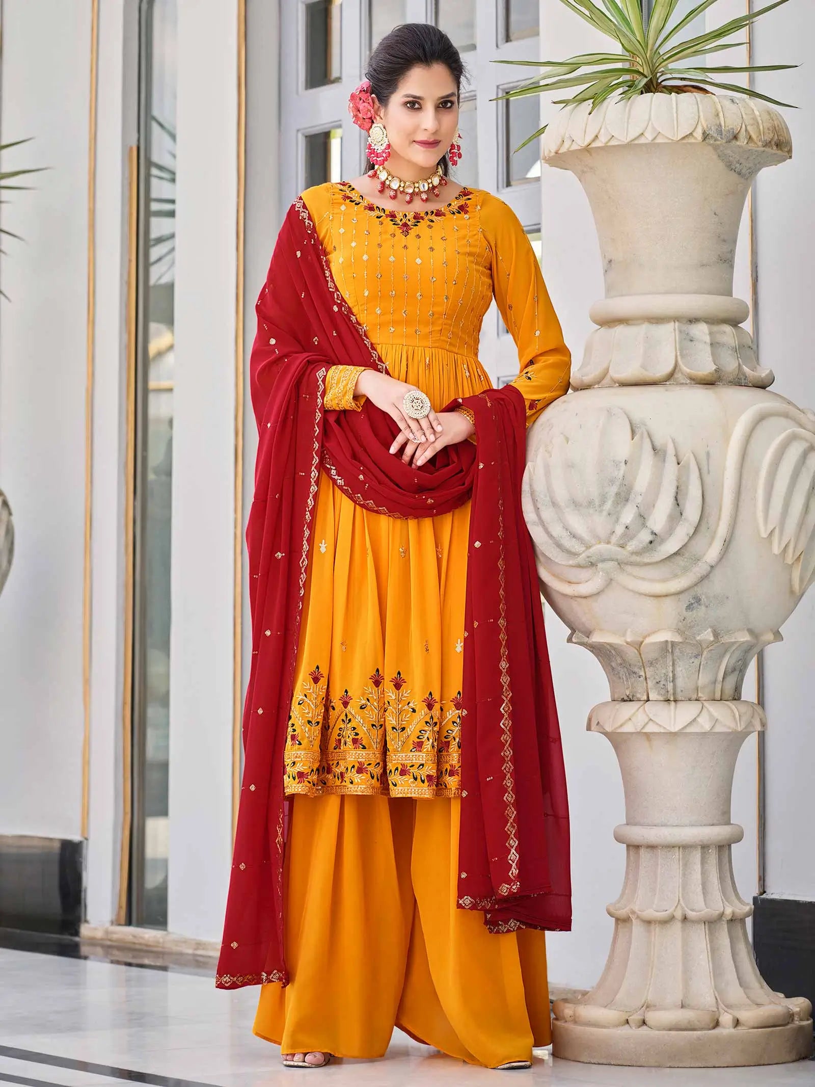 Mustard Yellow  Georgette Palazzo Salwar Suit With Thread And Sequins Embroidered Work