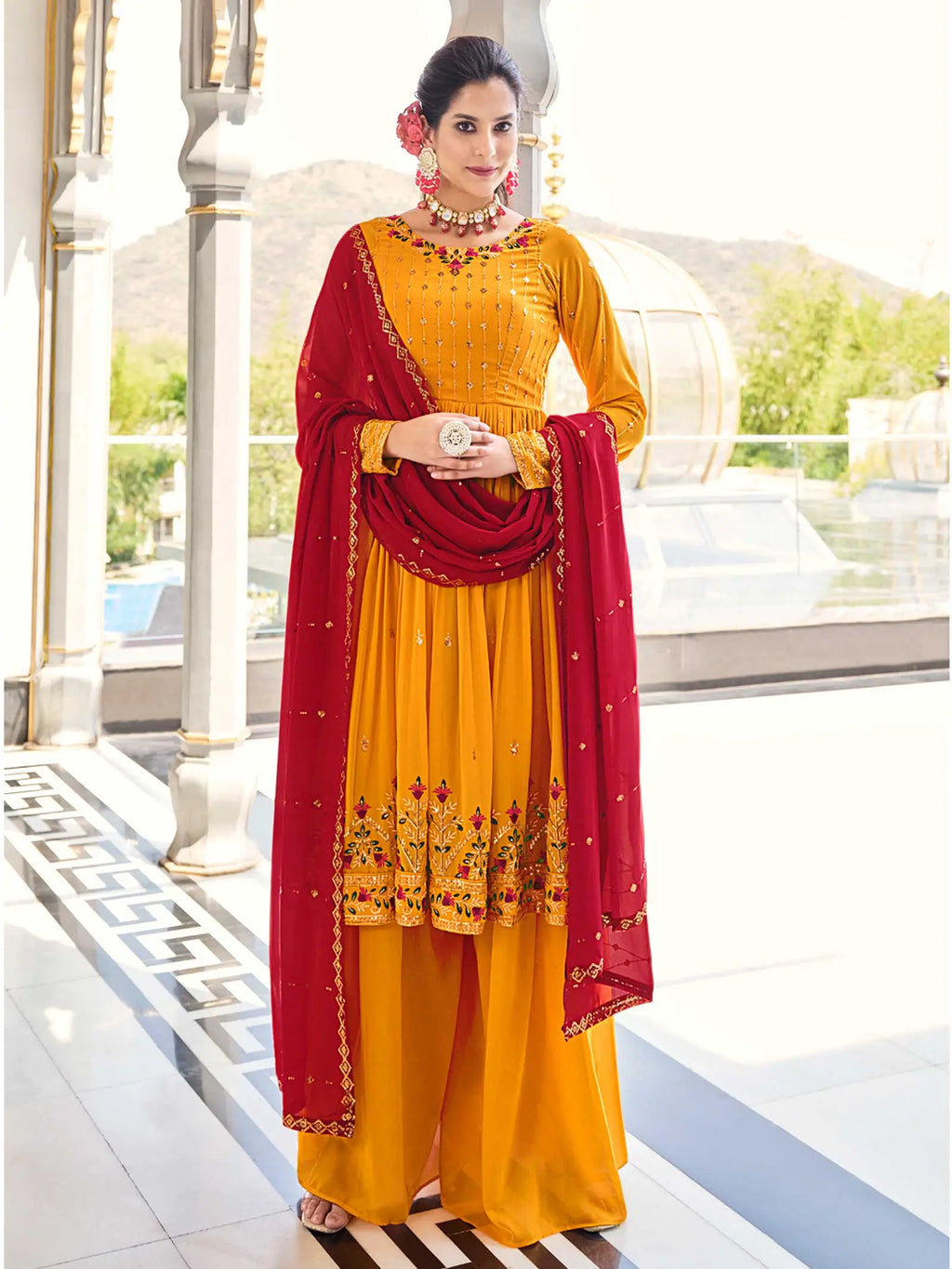 Mustard Yellow  Georgette Palazzo Salwar Suit With Thread And Sequins Embroidered Work
