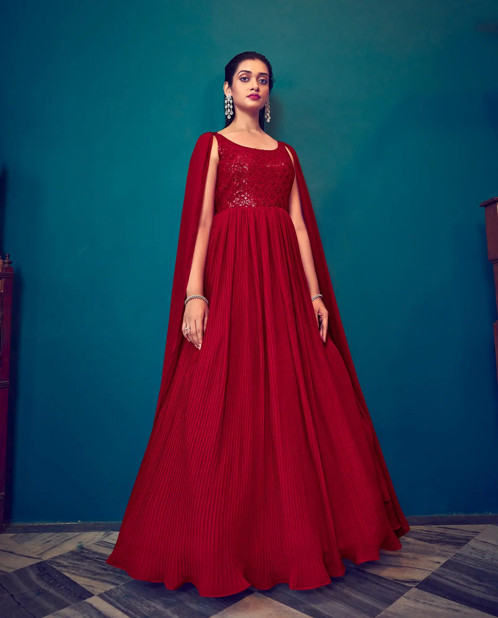 Red Georgette Designer Gown With Sequins Work