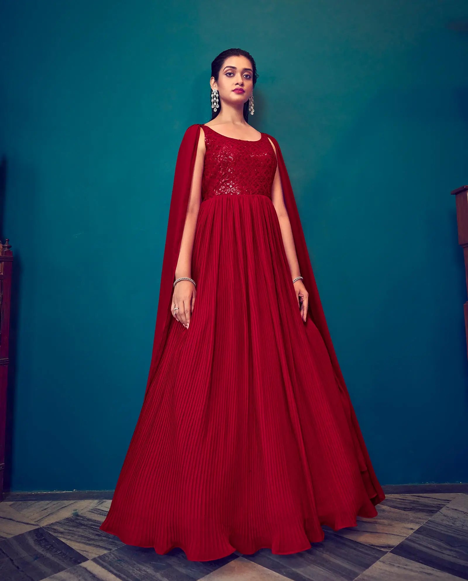 Red Georgette Designer Gown With Sequins Work