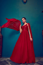 Red Georgette Designer Gown With Sequins Work