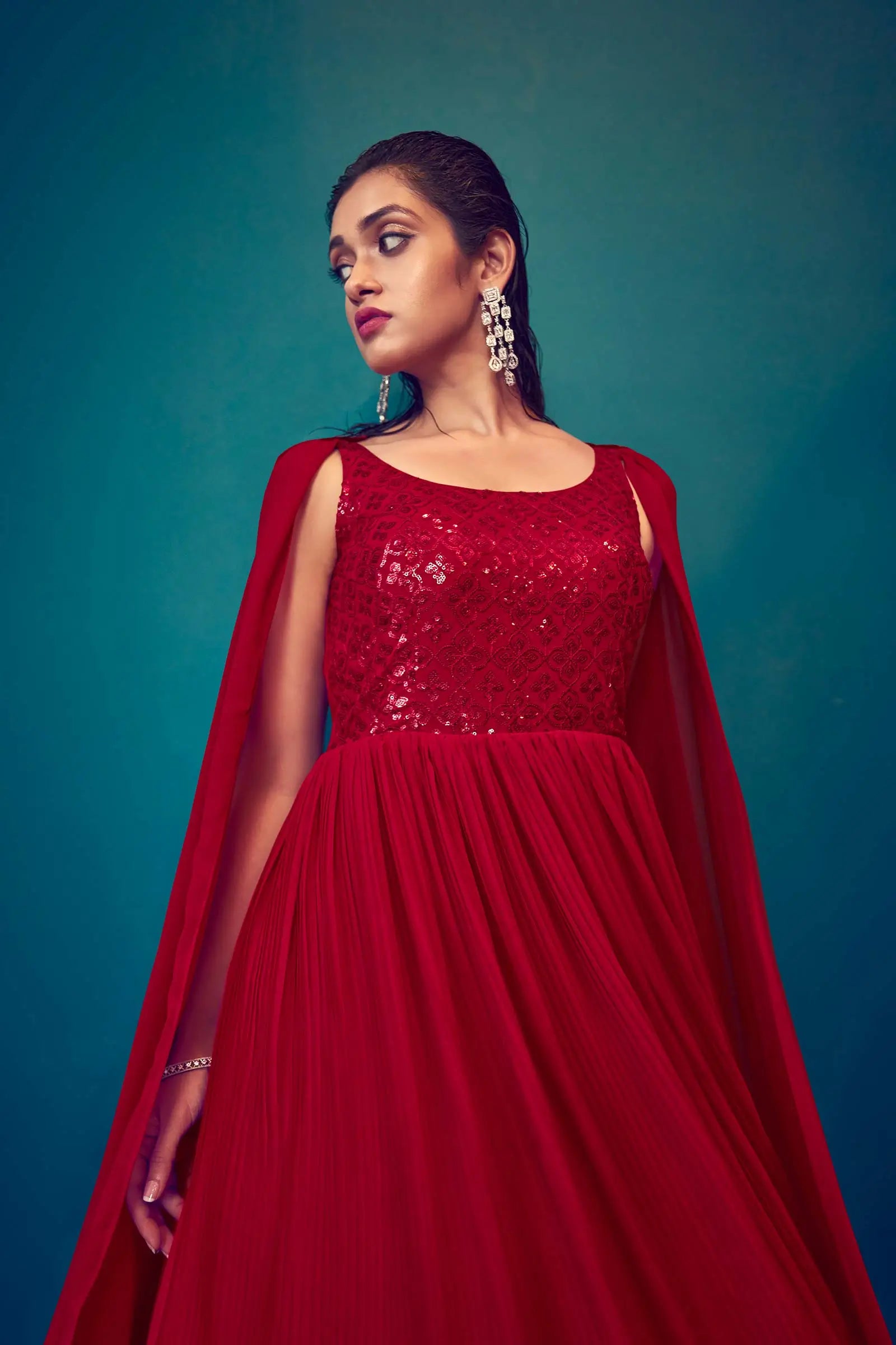 Red Georgette Designer Gown With Sequins Work