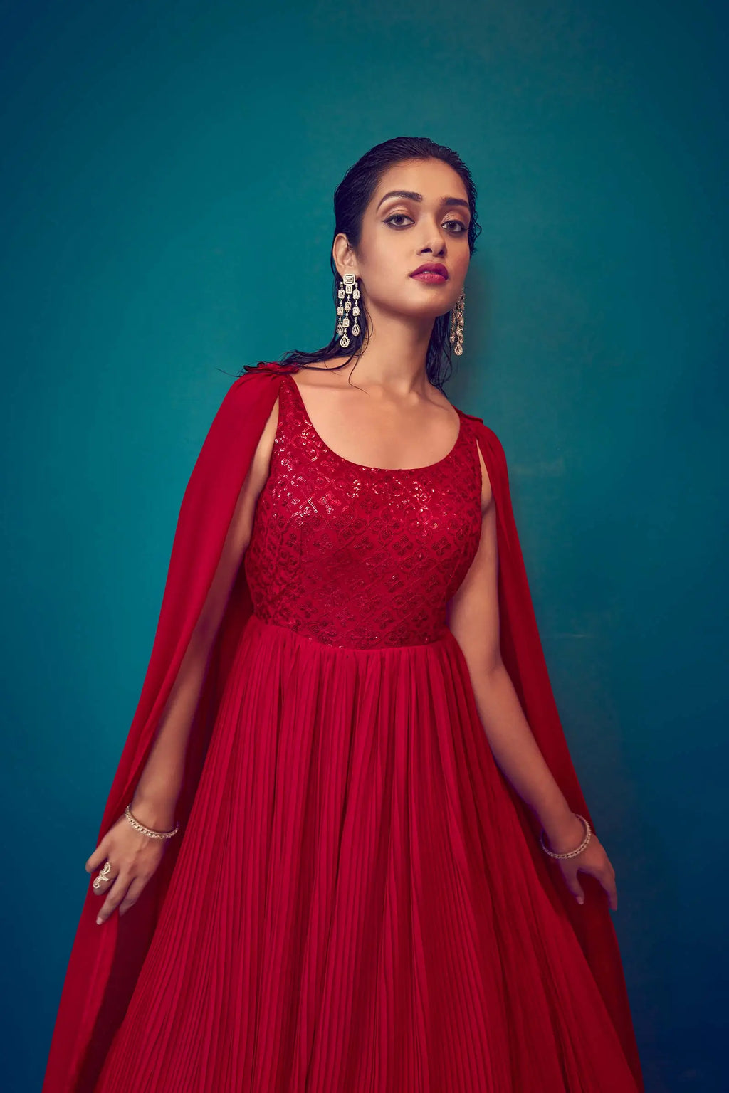 Red Georgette Designer Gown With Sequins Work