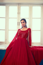 Red Georgette Designer Gown With Sequins Work