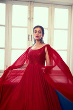Red Georgette Designer Gown With Sequins Work