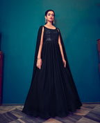 Navy Blue Georgette Designer Gown With Sequins Work