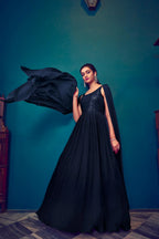 Navy Blue Georgette Designer Gown With Sequins Work