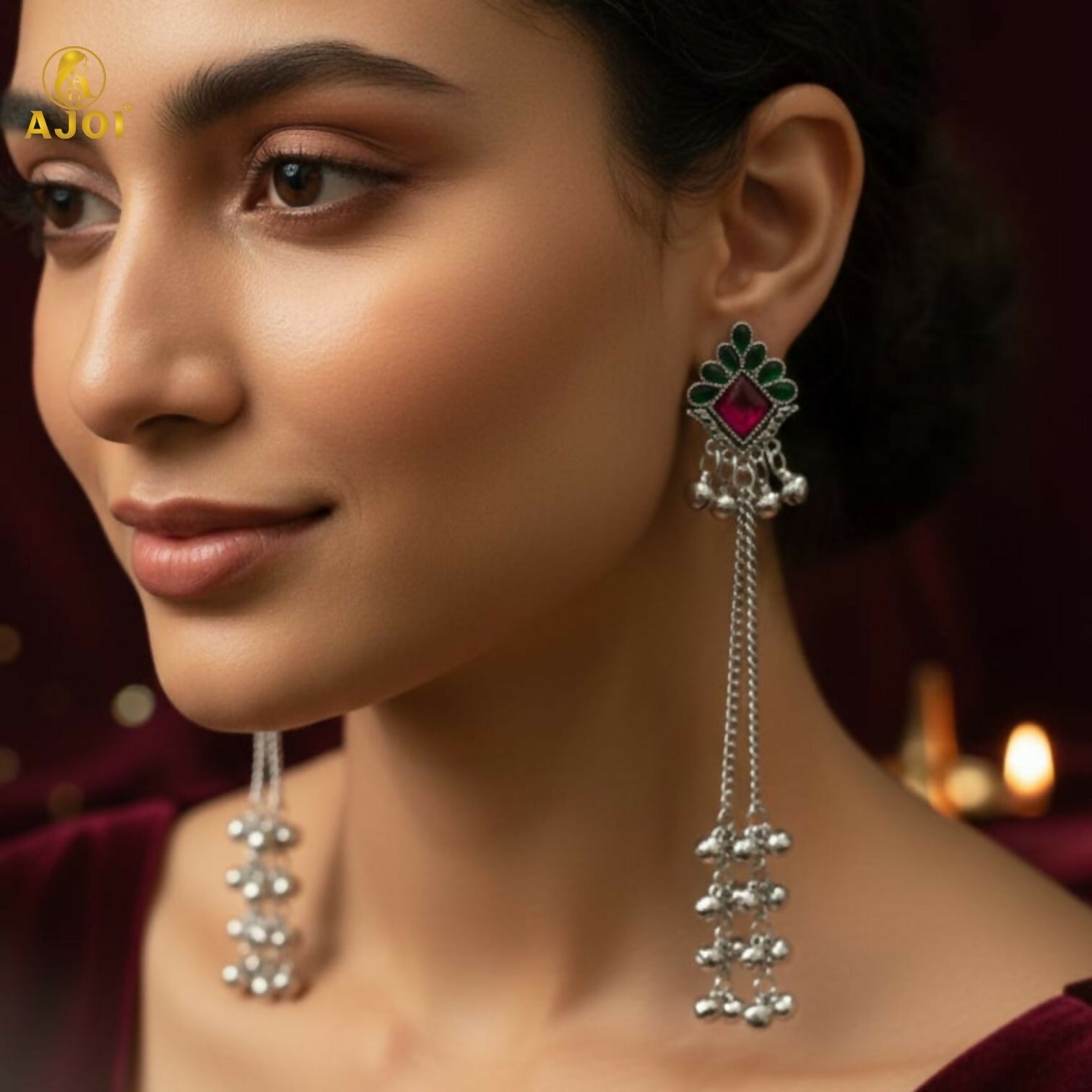 Kashmiri Style Silver Plated Long Chain Drop Earrings with Pink & Green Stones