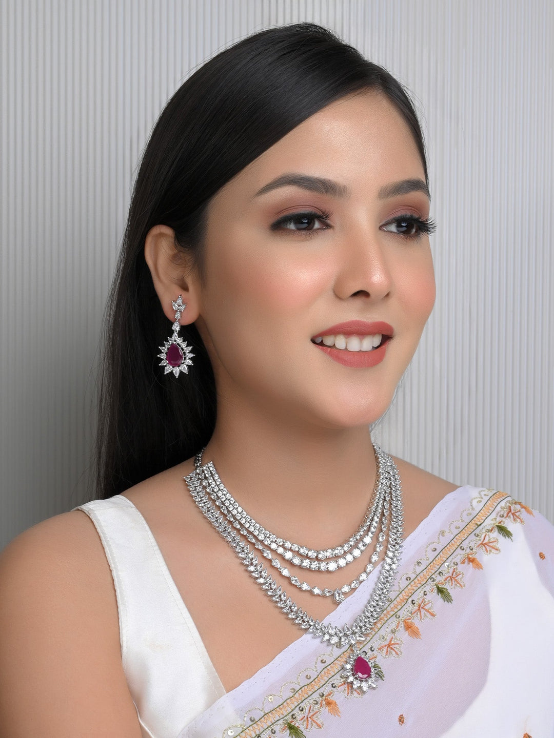 Pallavi Ruby American Diamond Necklace Set - Elegant and luxurious jewelry piece with sparkling red gemstones