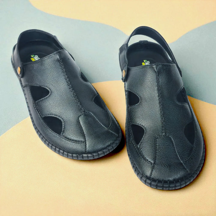 P&G 4030 Men's BLACK Slipon Sandal Extra Soft Sandal/Mojri/Ethnic Wear Leather With Adjustable Strap/Navratri Fashion Footwear. - qivii