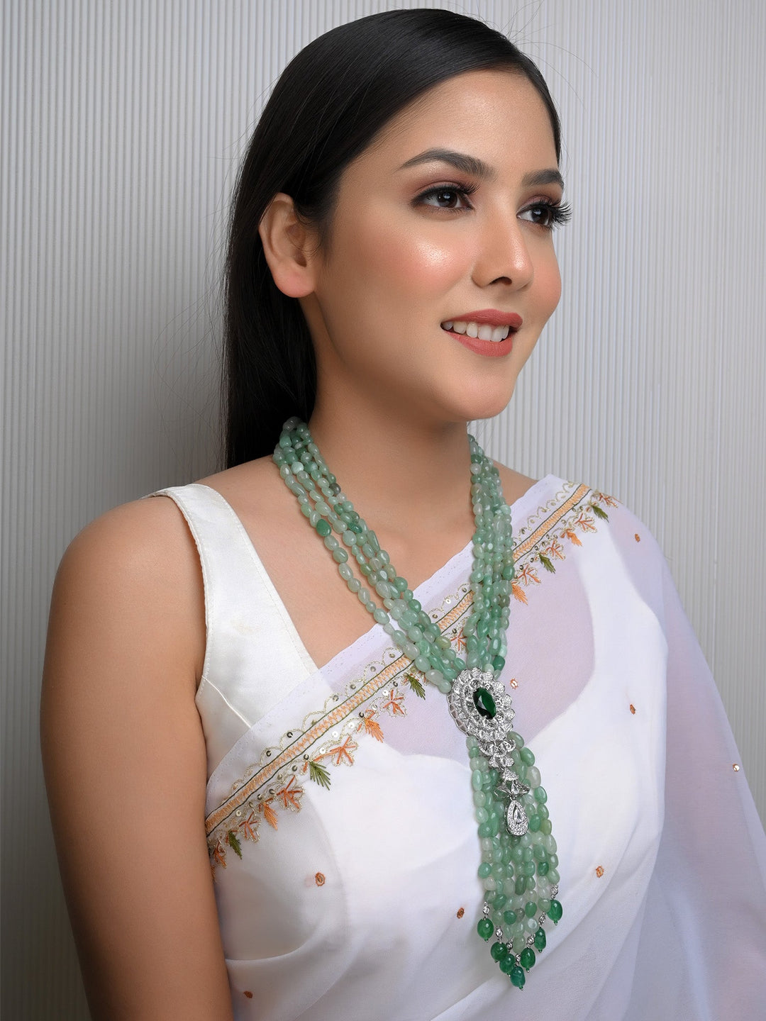 Emerald American Diamond & Beads Neckpiece with Silver Plated Brass Metal
