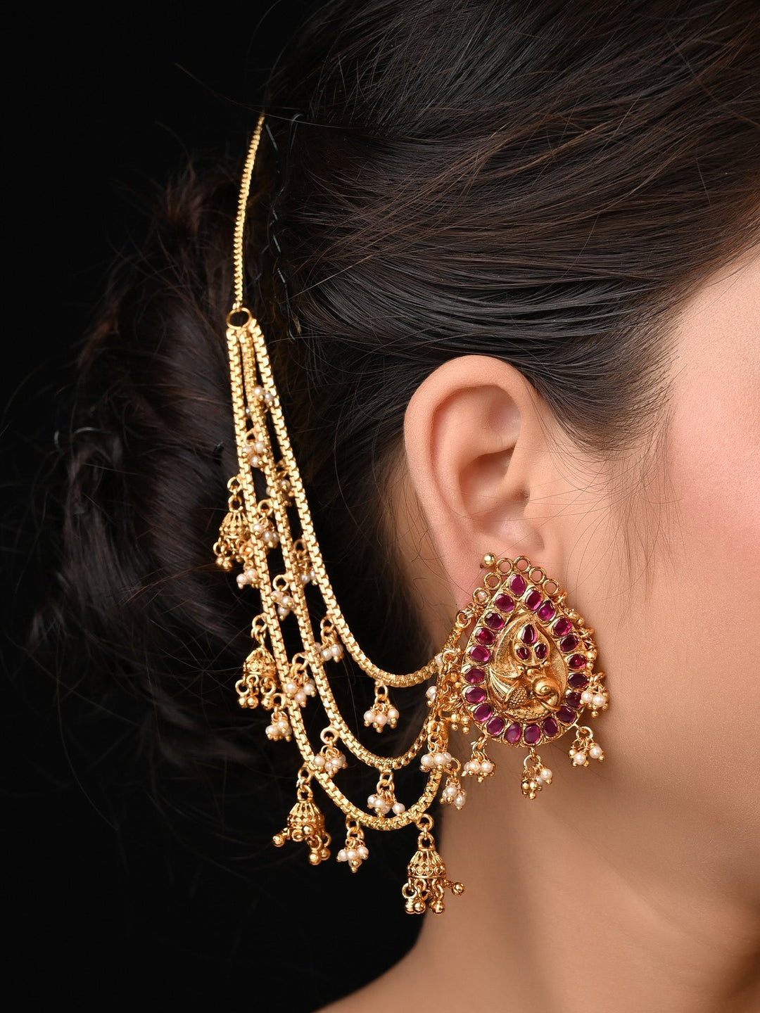 Traditional Gold Plated Brass Metal Earrings with Jhumki Hanging Chain and Pearls