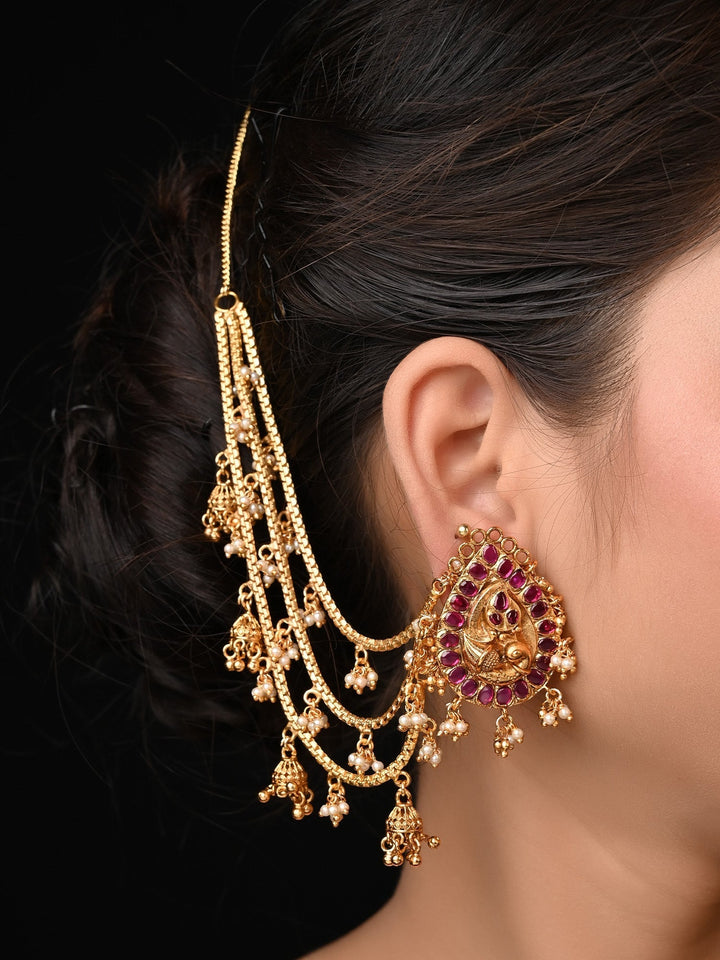 Traditional Gold Plated Brass Metal Earrings with Jhumki Hanging Chain and Pearls