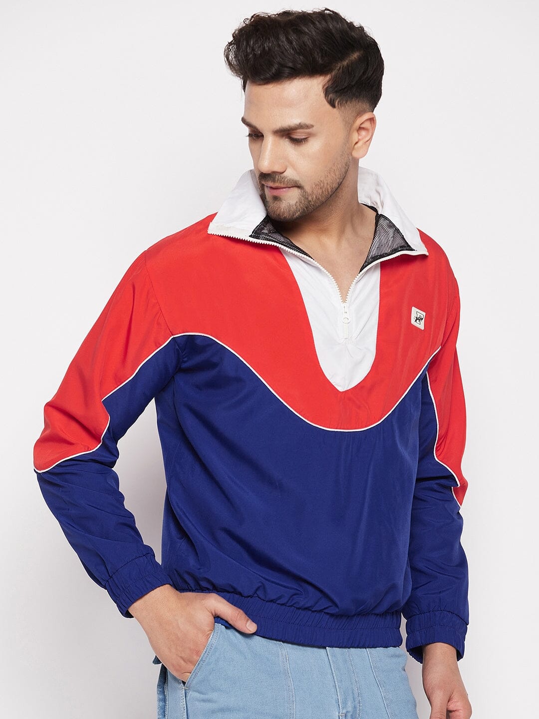 Blue Colour Blocked Windbreaker Jacket