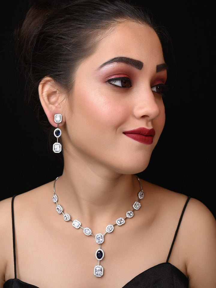 Hirsa Blue Sapphire American Diamond Necklace Set with Silver Plated Finish